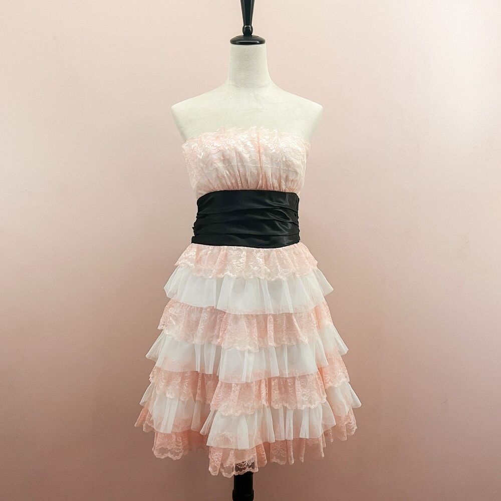 Ivory/Pink Lace Belted Ruffle Formal Dress Strapless Bow 7/8 Knee Prom Formal